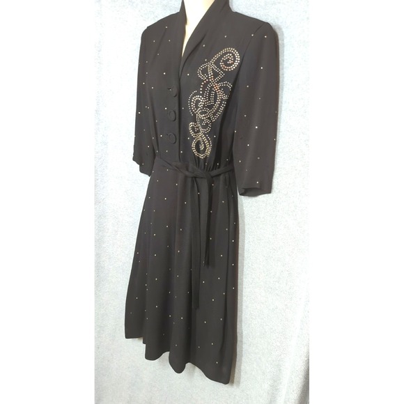 Rare Vtg 1930s Art Deco Black Nail Head Studded Dress S Whimsigoth Vamp Jive - Picture 3 of 16
